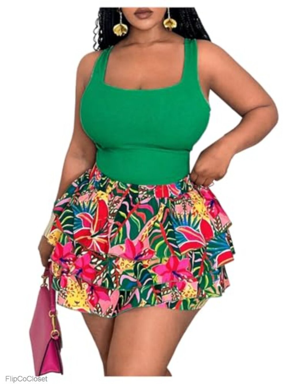 SOLY HUX Women's Plus Size 2 Piece Summer Vacation Short Set Tropical Ruffle